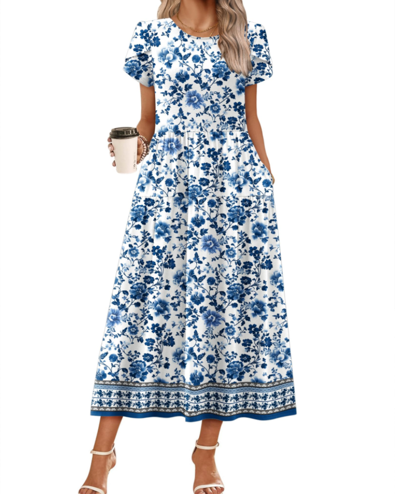 Rochie maxi boemă Olivia pentru femei – rochie lungă cu flori, croială A, cu buzunare