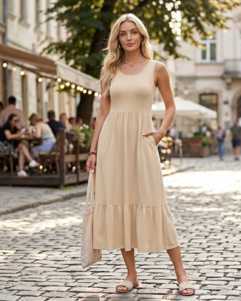 Dámske letné maxi šaty Cara Robe – bez rukávov, s okrúhlym výstrihom a vreckami