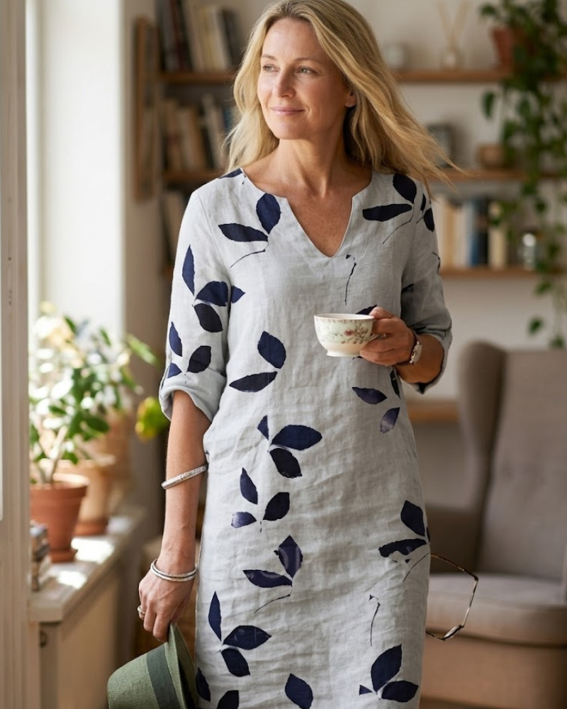 Abiti Donna Eleganti – Abito Fluido con Stampa Foglie, Taglio Slanciato e Confortevole