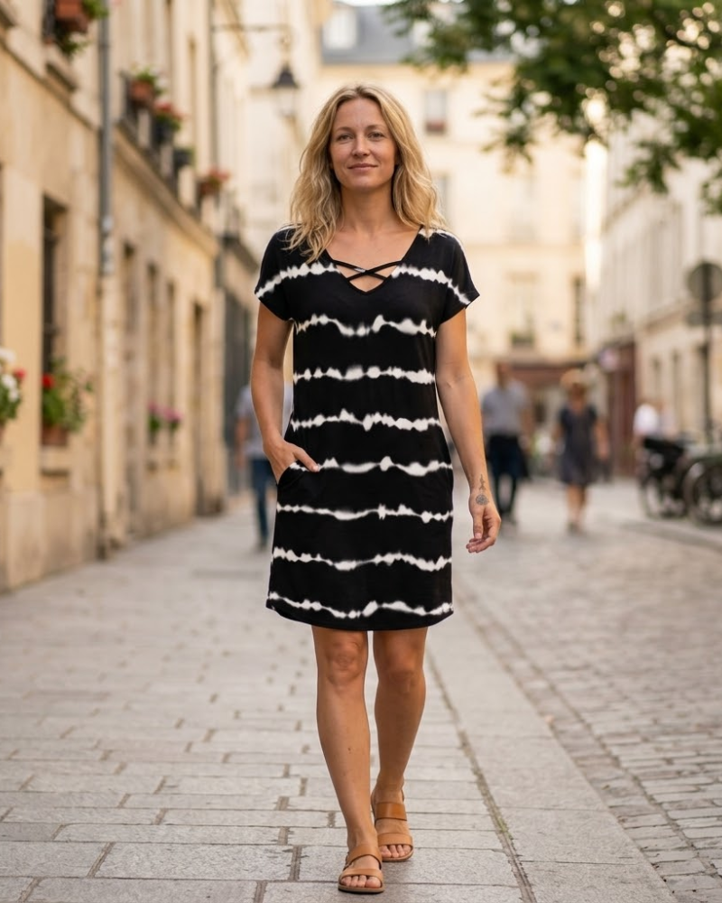 Rochie de vară pentru femei Sophie – Rochie cu decolteu în V, croială A-line, cu buzunare și mâneci scurte