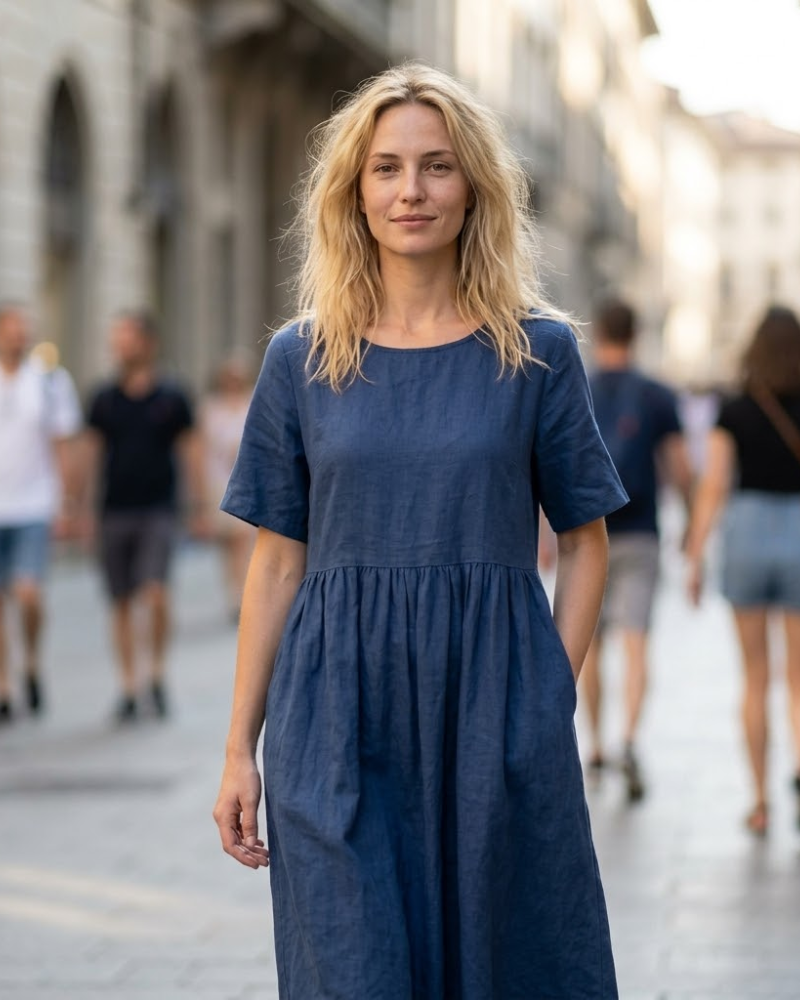 Camélia Damen Leinen Maxikleid – Weites Boho-Kleid mit kurzen Ärmeln und Taschen