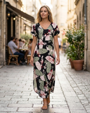 Sophie Robe Maxi Femme – Robe Fleurie Fendue Manches Courtes Avec Poches Été