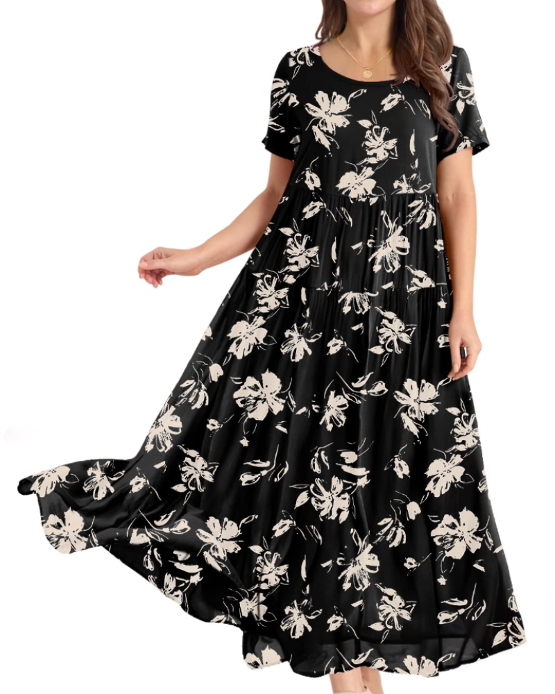 Rina Maxi Dress for Women – Bohemian Floral Cotton Dress with Round Neck & Pockets Summer