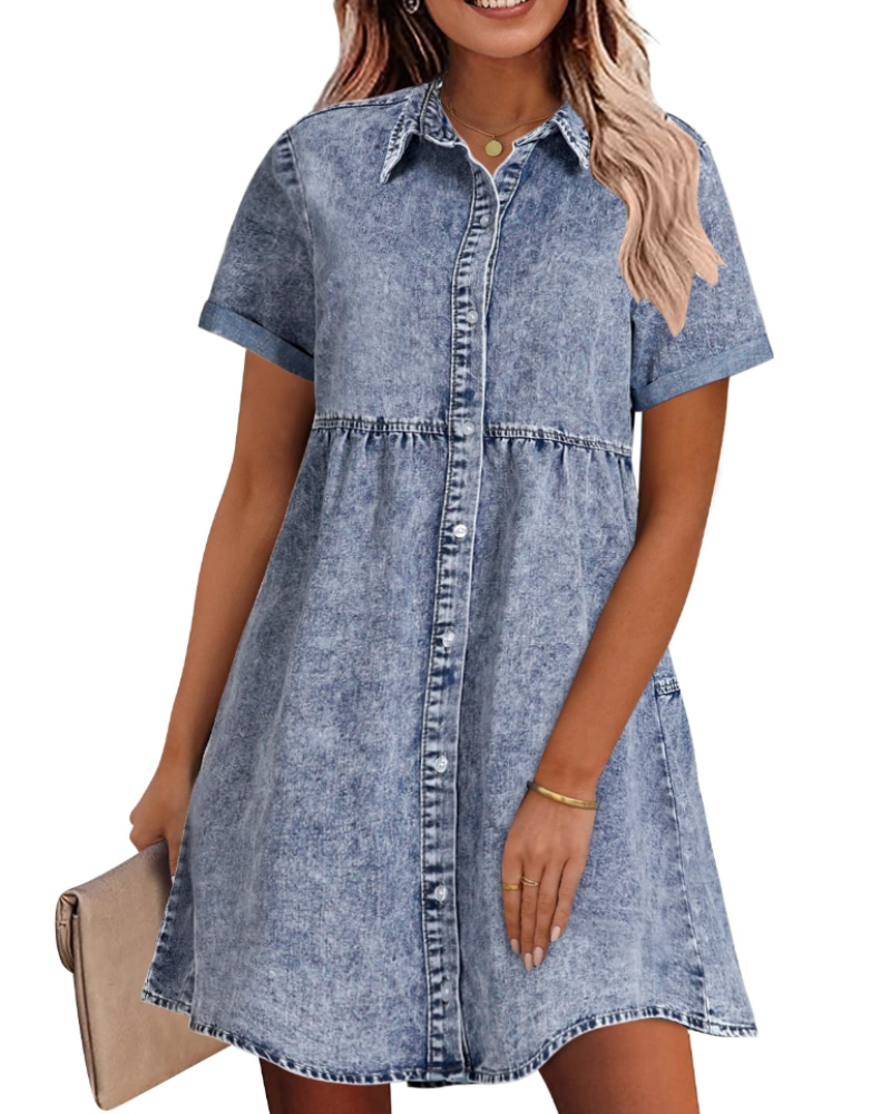 Vestito Camicia Donna in Denim Emma – Vestito Babydoll con Bottoni e Volant Sovrapposti