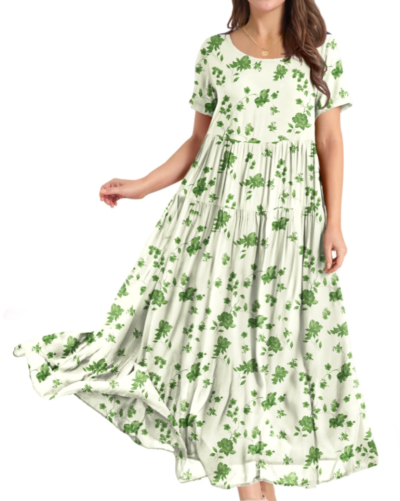 Rina Maxi Dress for Women – Bohemian Floral Cotton Dress with Round Neck & Pockets Summer