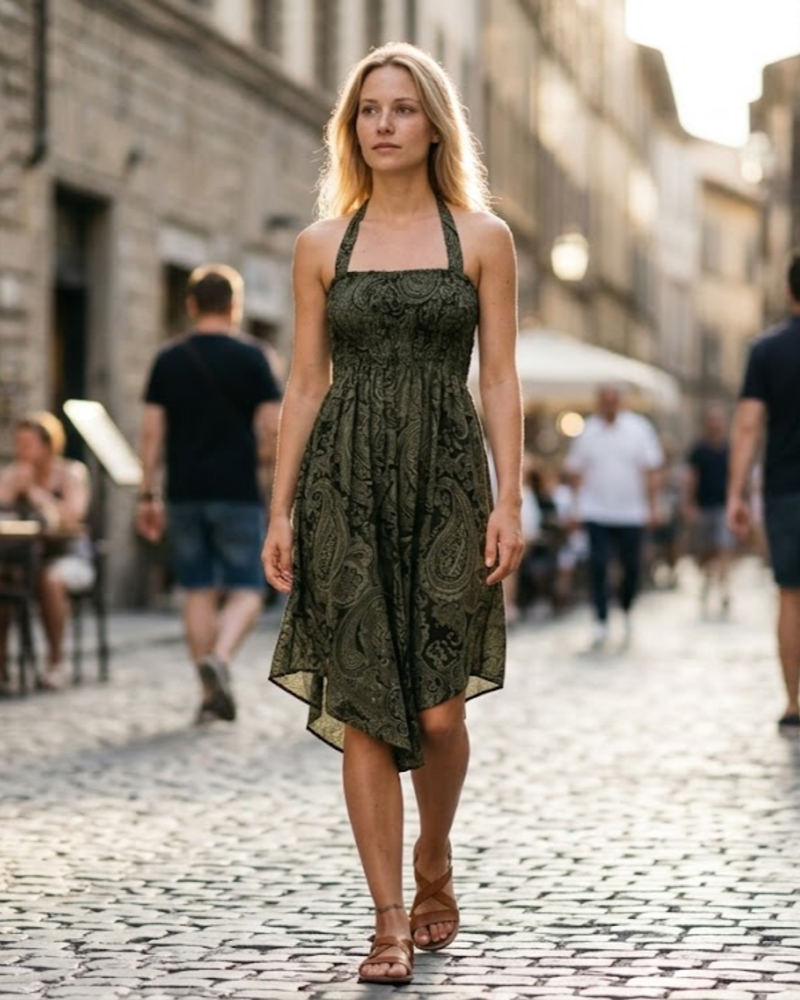 Sukienka Maxi Luna Damska Letnia – Bez Rękawów z Boho Wzorem i Drapowanym Krojem