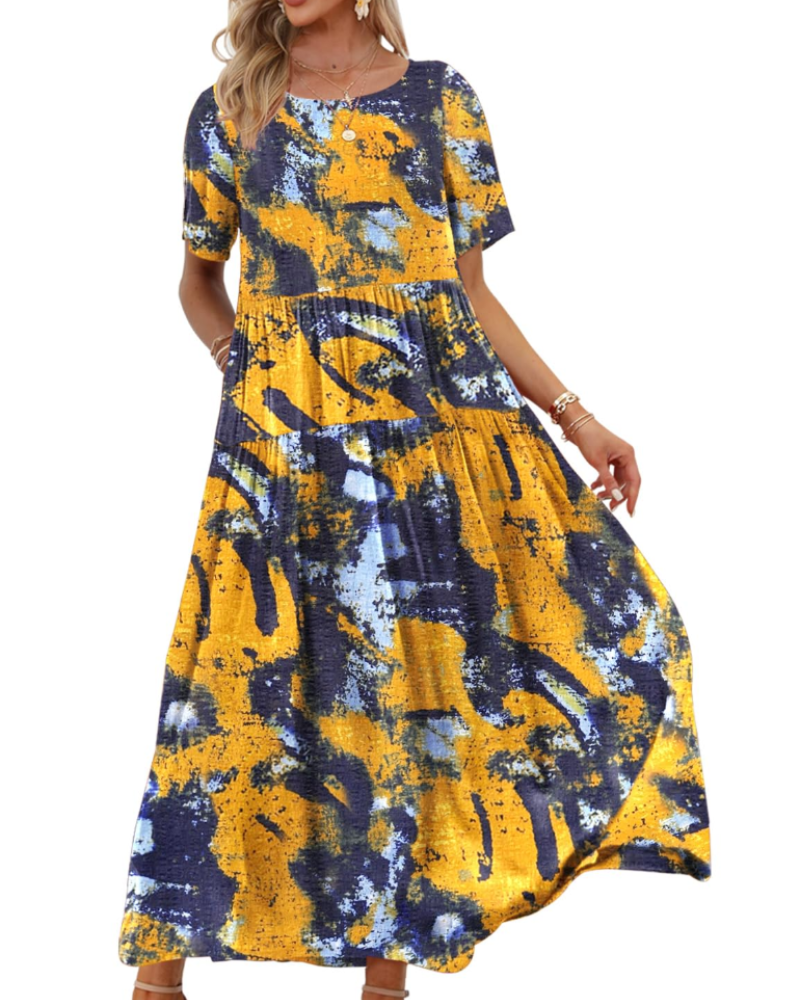 Rina Maxi Dress for Women – Bohemian Floral Cotton Dress with Round Neck & Pockets Summer
