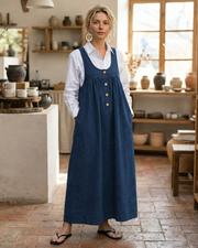 Clémence Lange Denim Salopetjurk – Vintage Pinafore Jurk Met Verstelbare Bandjes