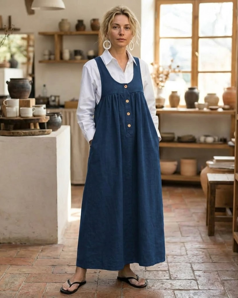Clémence Lange Denim Salopetjurk – Vintage Pinafore Jurk Met Verstelbare Bandjes