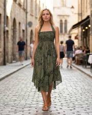 Sukienka Maxi Luna Damska Letnia – Bez Rękawów z Boho Wzorem i Drapowanym Krojem