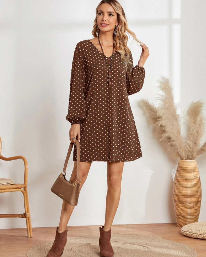 Helena Mini-Kleid für Damen mit Punkten – Leichtes V-Ausschnitt-Kleid mit langen Ärmeln