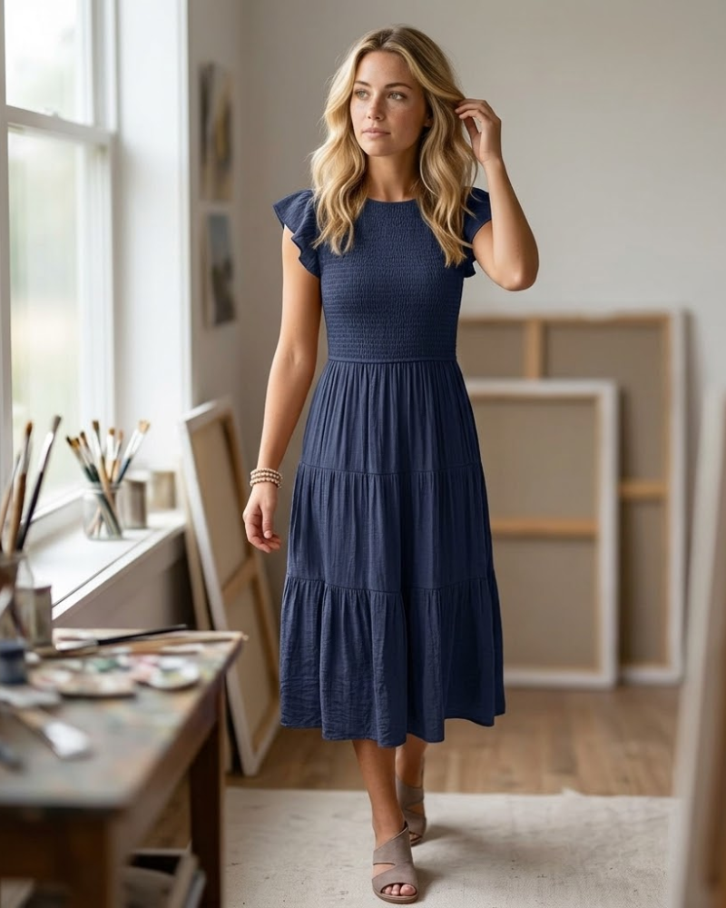 Louise Midi Dress for Women – Summer Smocked Dress with Flounced Sleeves, Elegant A-Line Cut