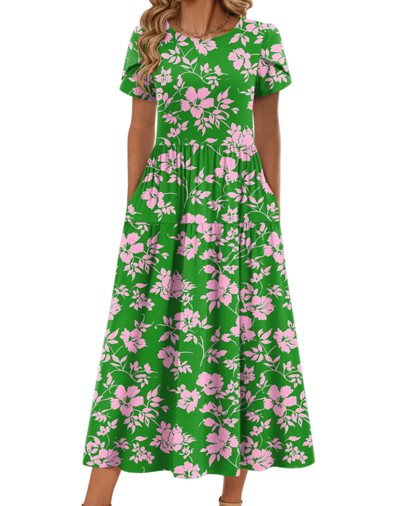 Rochie maxi boemă Olivia pentru femei – rochie lungă cu flori, croială A, cu buzunare