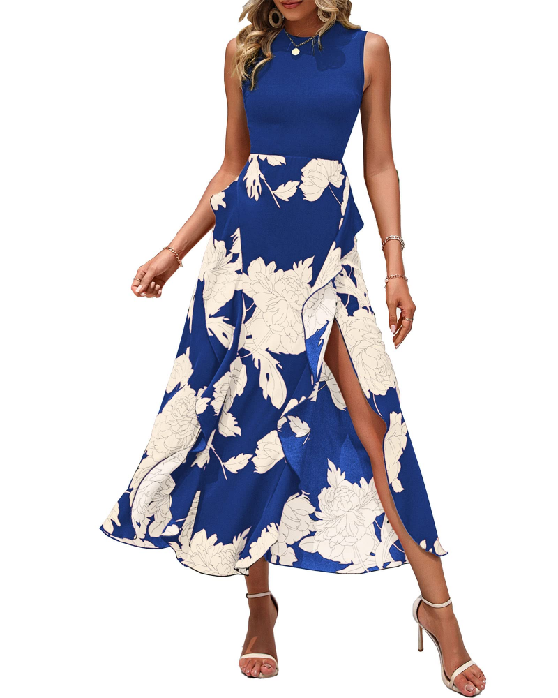 Vestido Midi Floral Zoey para Mulher – Vestido Boémio Sem Mangas com Cintura Alta e Folhos