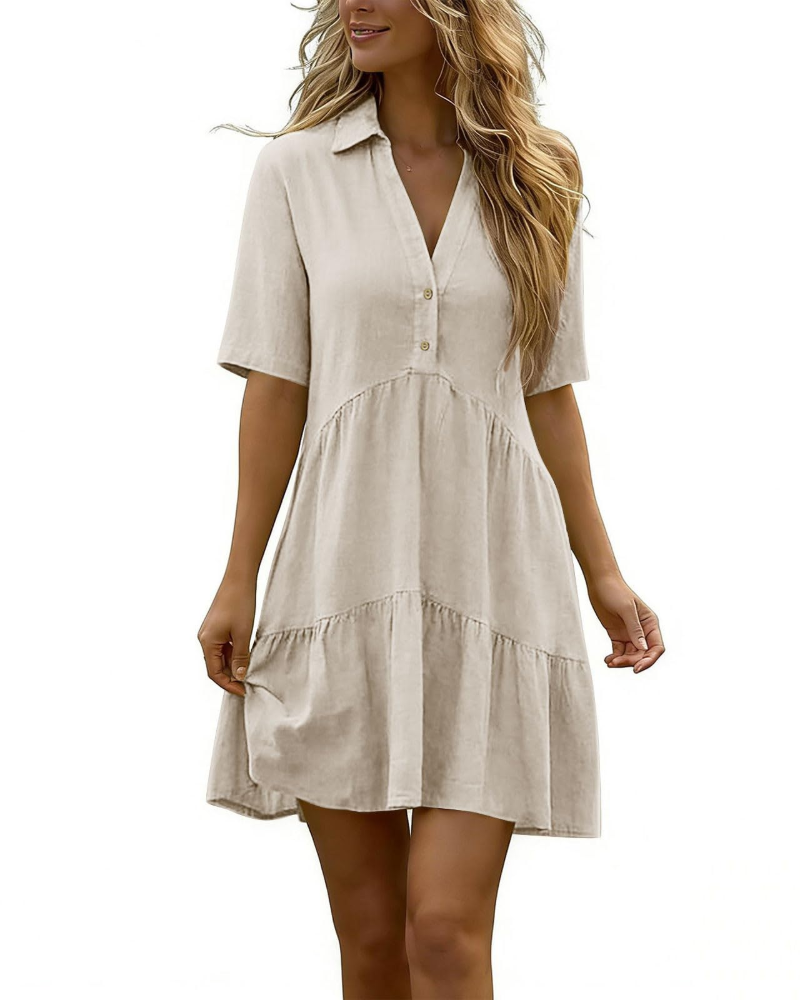 Vestido Harlow para mujer en lino – vestido corto con cuello en V y botones, mangas cortas de verano