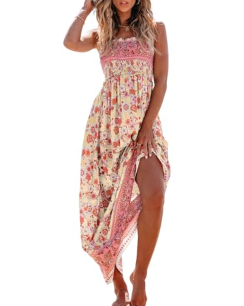 Rochie maxi Willow pentru femei – cu imprimeu floral, smocată, cu bretele și volane