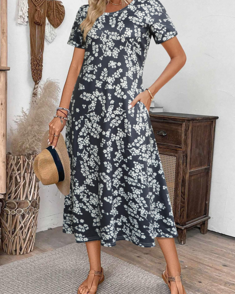 Briony Robe Midi Fleurie Femme – Robe Col Rond Manches Courtes Coupe Ample