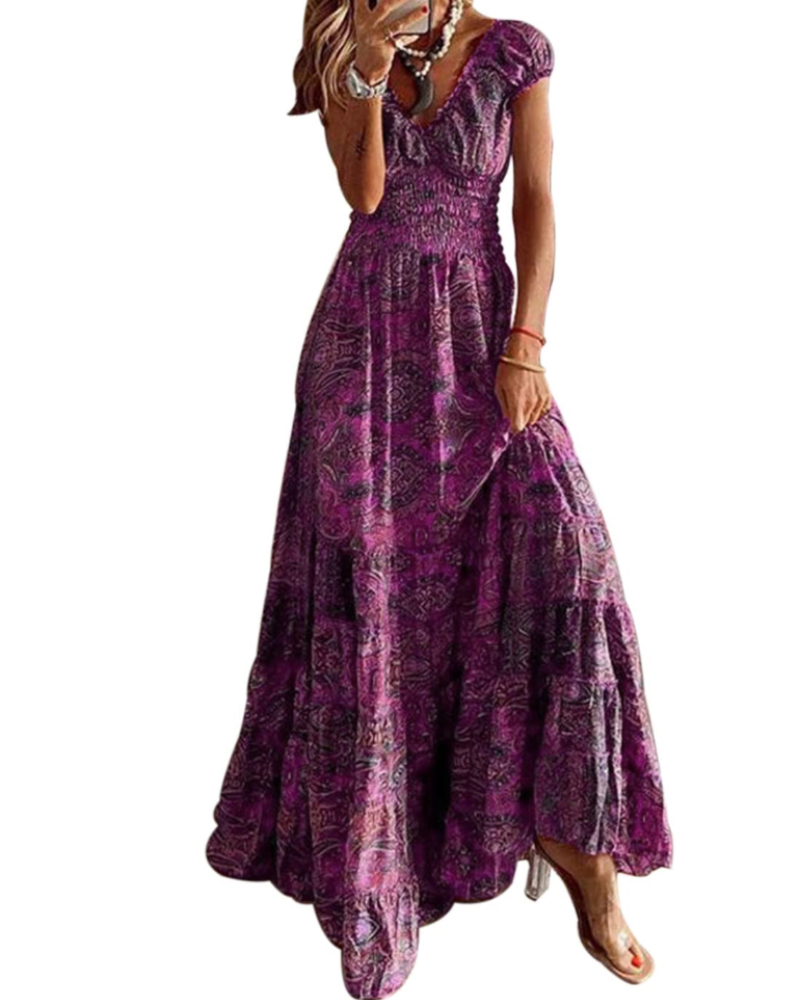 Vestido Maxi Charl para Mujer Verano – Floral Cuello en V Manga Corta