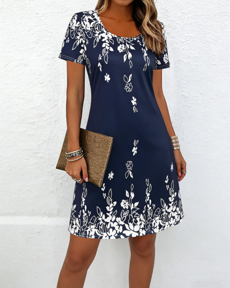 Imogen Robe Midi Imprimée Femme – Robe Col Rond à Manches Courtes Élégante