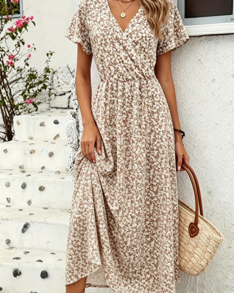 Rowena Robe Femme Col V – Robe d'Été à Manches Courtes Fluide et Élégante
