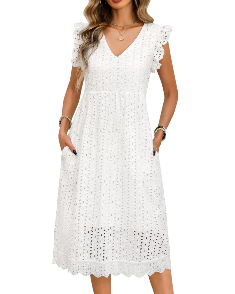 Abito Midi da Donna Abigail – Cotone con Scollo a V, Volant e Tasche
