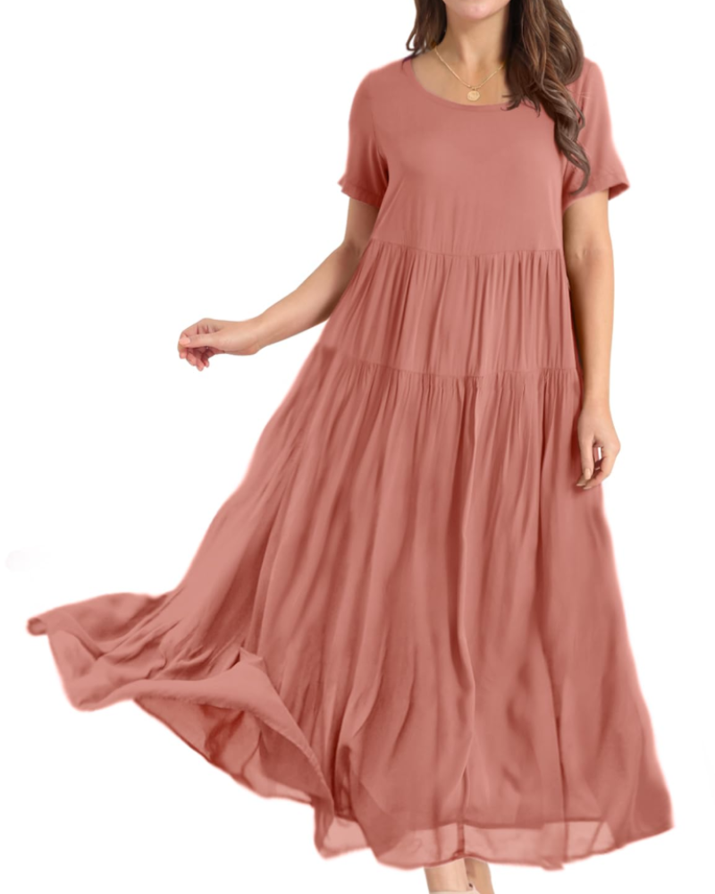 Rina Maxi Dress for Women – Bohemian Floral Cotton Dress with Round Neck & Pockets Summer