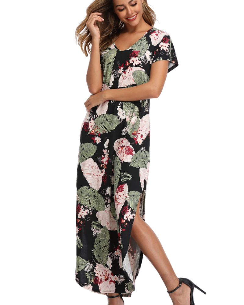 Blair Robe Maxi Femme Été – Florale Col Rond Fente & Poches