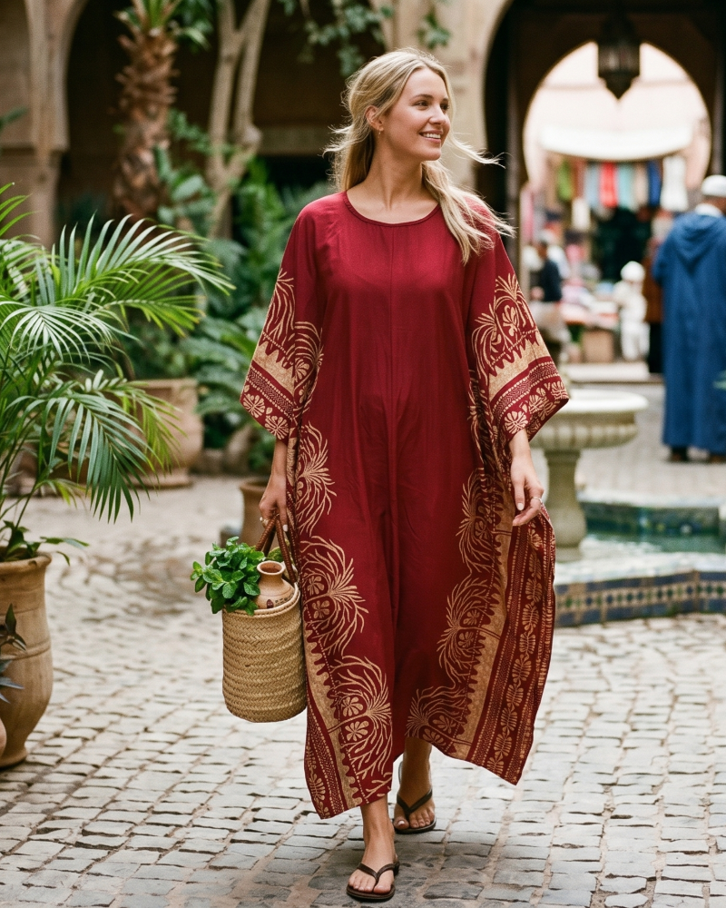 Isadora Kaftan Bohème Mulher – Vestido de Praia Oversize Bordado Estilo Resort