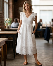 Abito Midi da Donna Abigail – Cotone con Scollo a V, Volant e Tasche