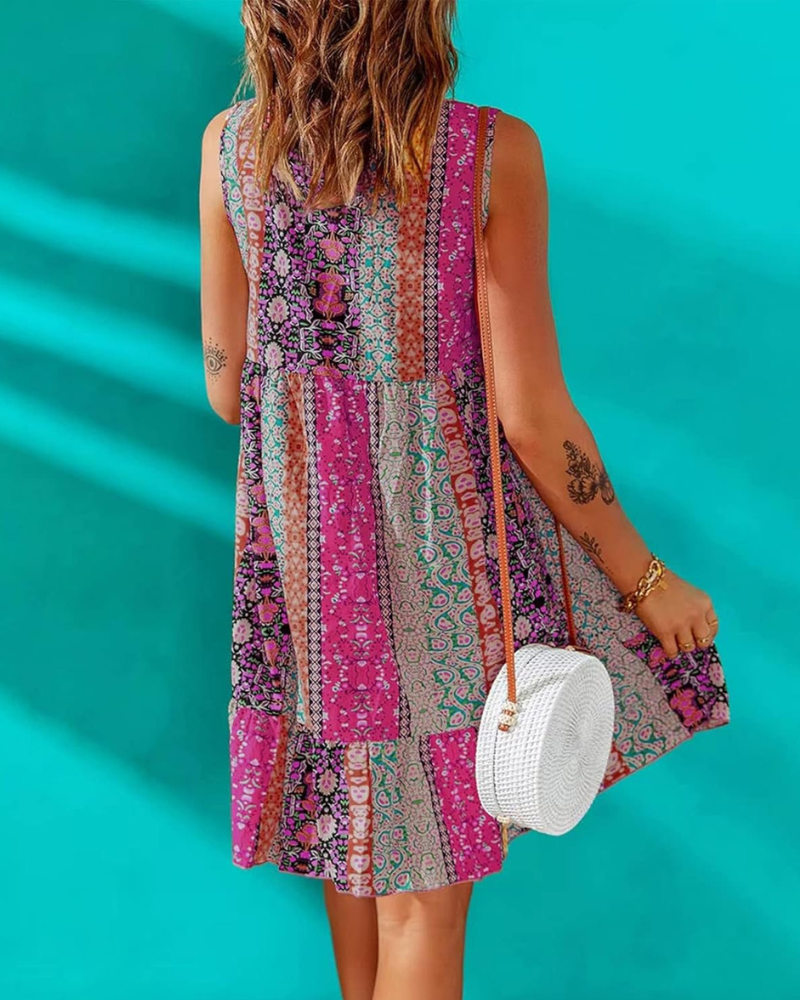 Luna Damen Mini-Kleid mit Blumenmuster – V-Ausschnitt, Ärmellos, A-Linien-Schnitt Boho Sommer