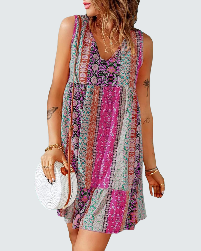 Luna Damen Mini-Kleid mit Blumenmuster – V-Ausschnitt, Ärmellos, A-Linien-Schnitt Boho Sommer
