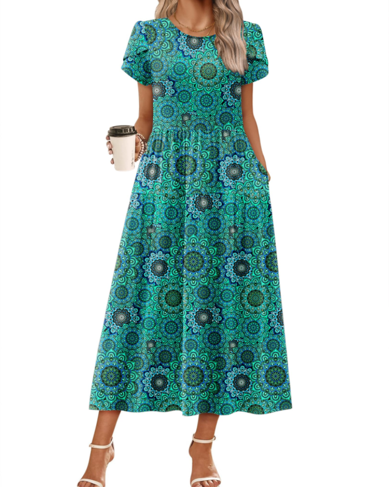 Rochie maxi boemă Olivia pentru femei – rochie lungă cu flori, croială A, cu buzunare