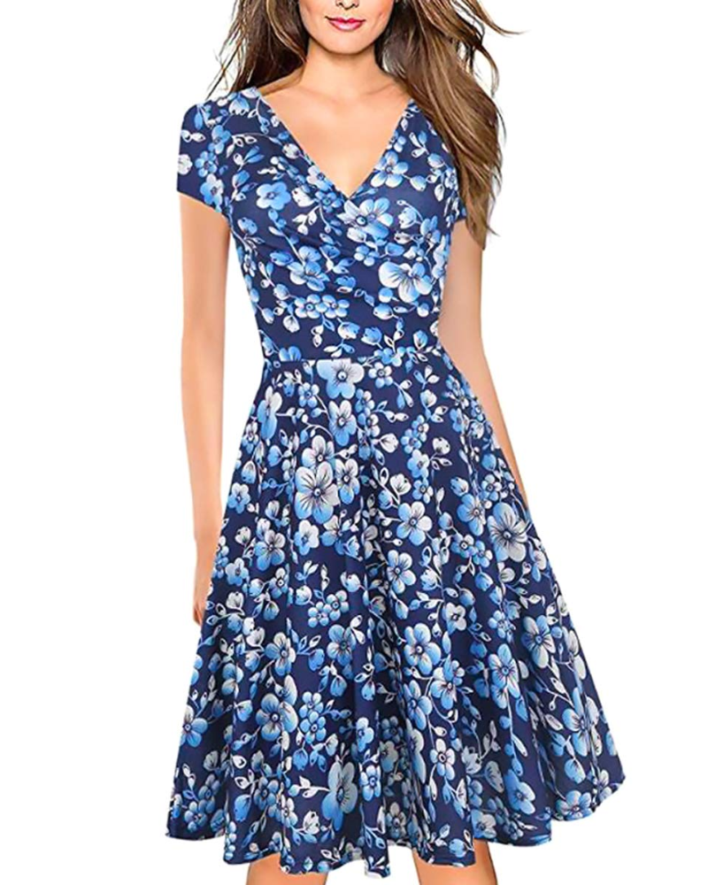 Vestito Midi Estivo da Donna Bell – Vintage Floreale, Scollo a V, Taglio A-Line