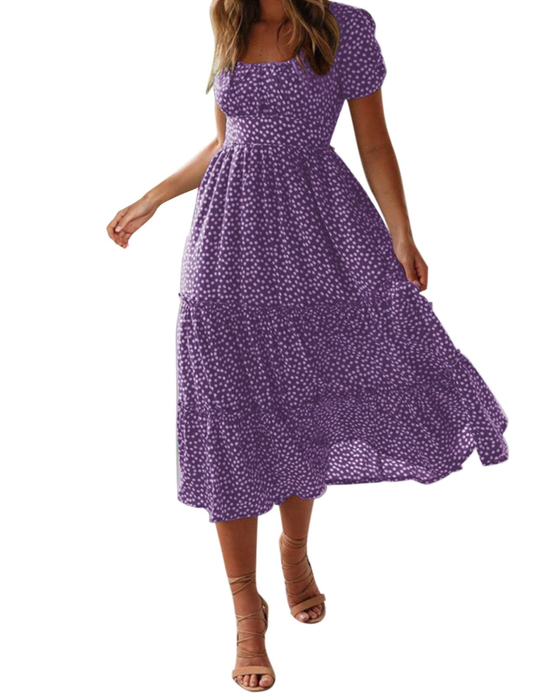 Vestito Midi Estivo Donna Aria – Floreale con Scollo Quadrato e Maniche a Volant