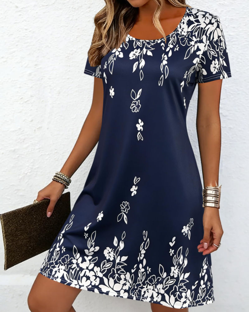 Imogen Robe Midi Imprimée Femme – Robe Col Rond à Manches Courtes Élégante