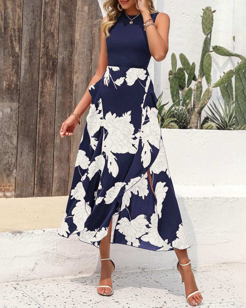 Vestido Midi Floral Zoey para Mulher – Vestido Boémio Sem Mangas com Cintura Alta e Folhos