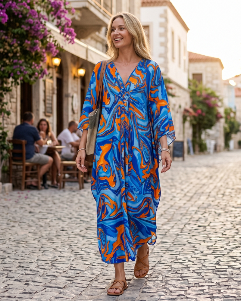 Rochie Kaftan Celestine Boemă pentru Femei – Rochie de Plajă Oversize Ușoară, Mărime Unică