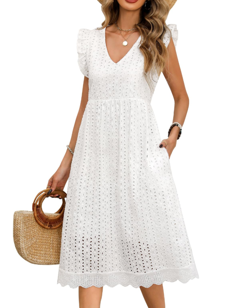 Abito Midi da Donna Abigail – Cotone con Scollo a V, Volant e Tasche