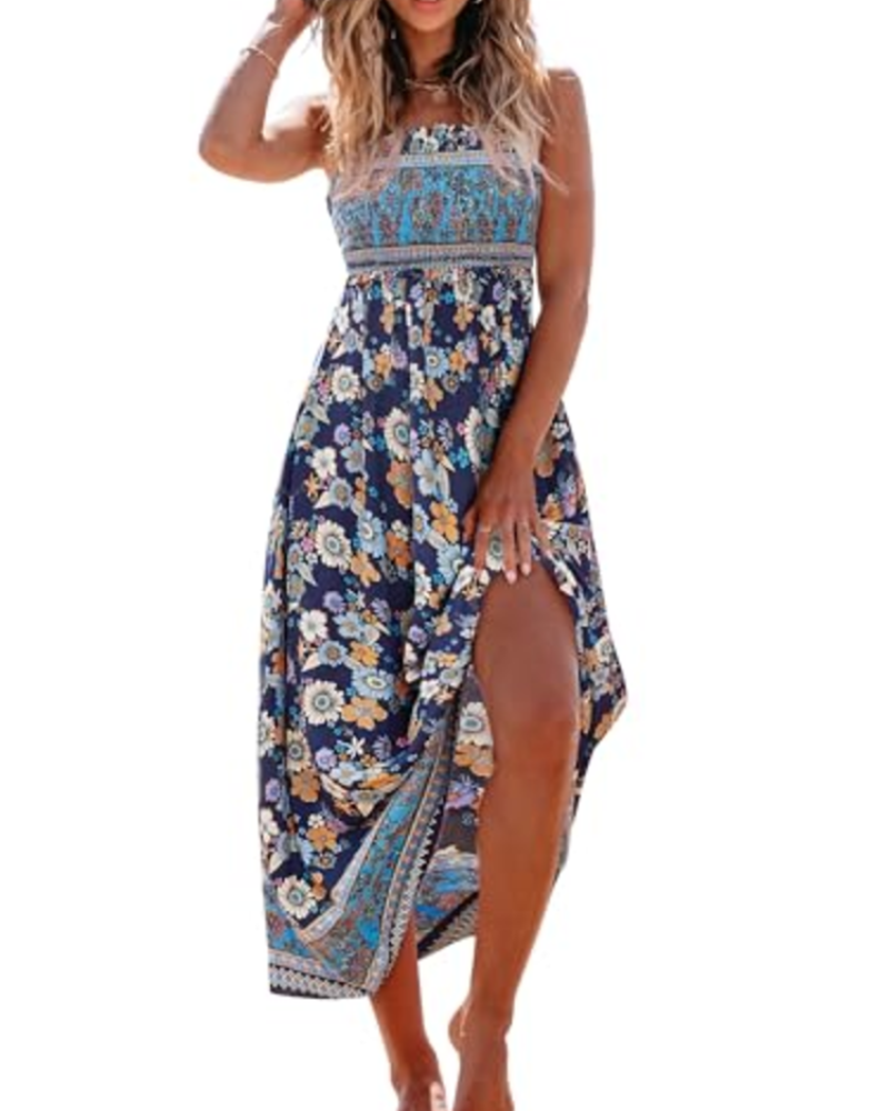 Rochie maxi Willow pentru femei – cu imprimeu floral, smocată, cu bretele și volane