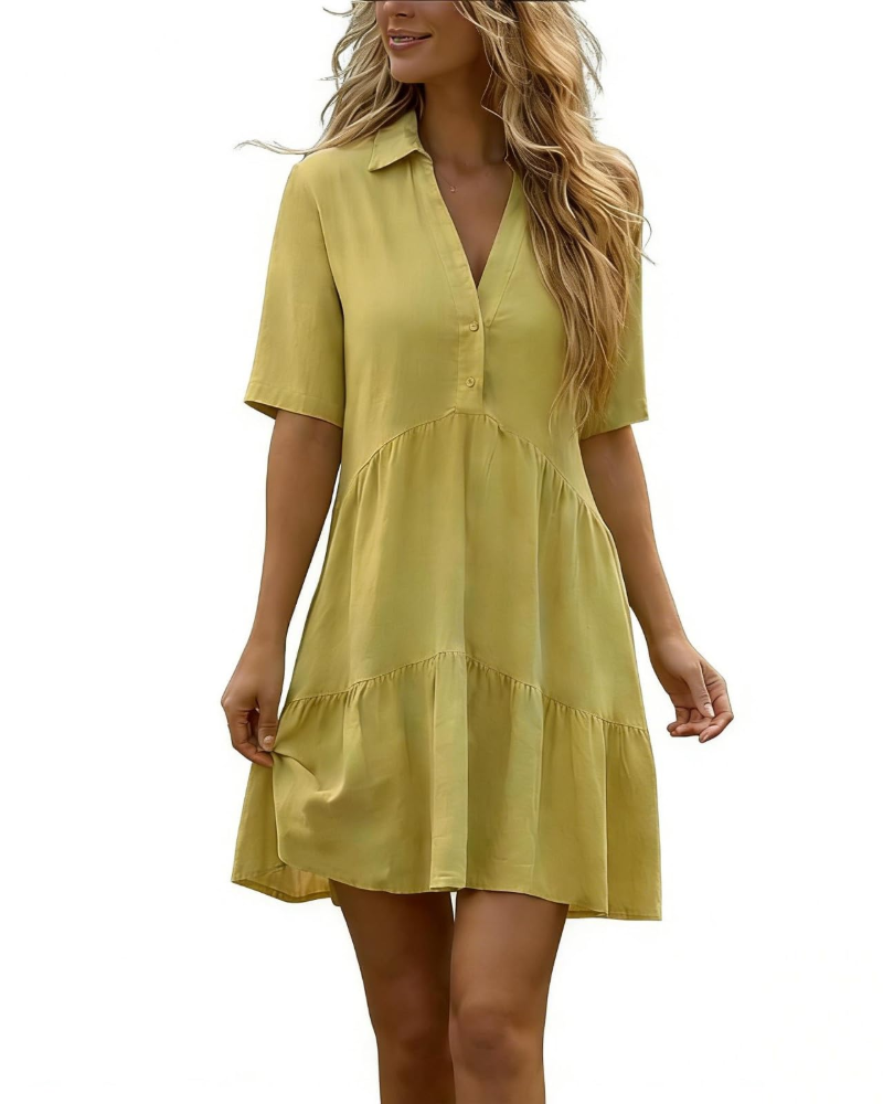 Vestido Harlow para mujer en lino – vestido corto con cuello en V y botones, mangas cortas de verano