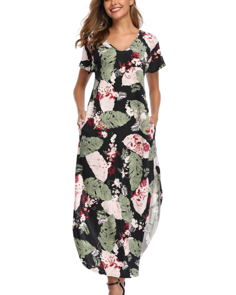 Blair Robe Maxi Femme Été – Florale Col Rond Fente & Poches