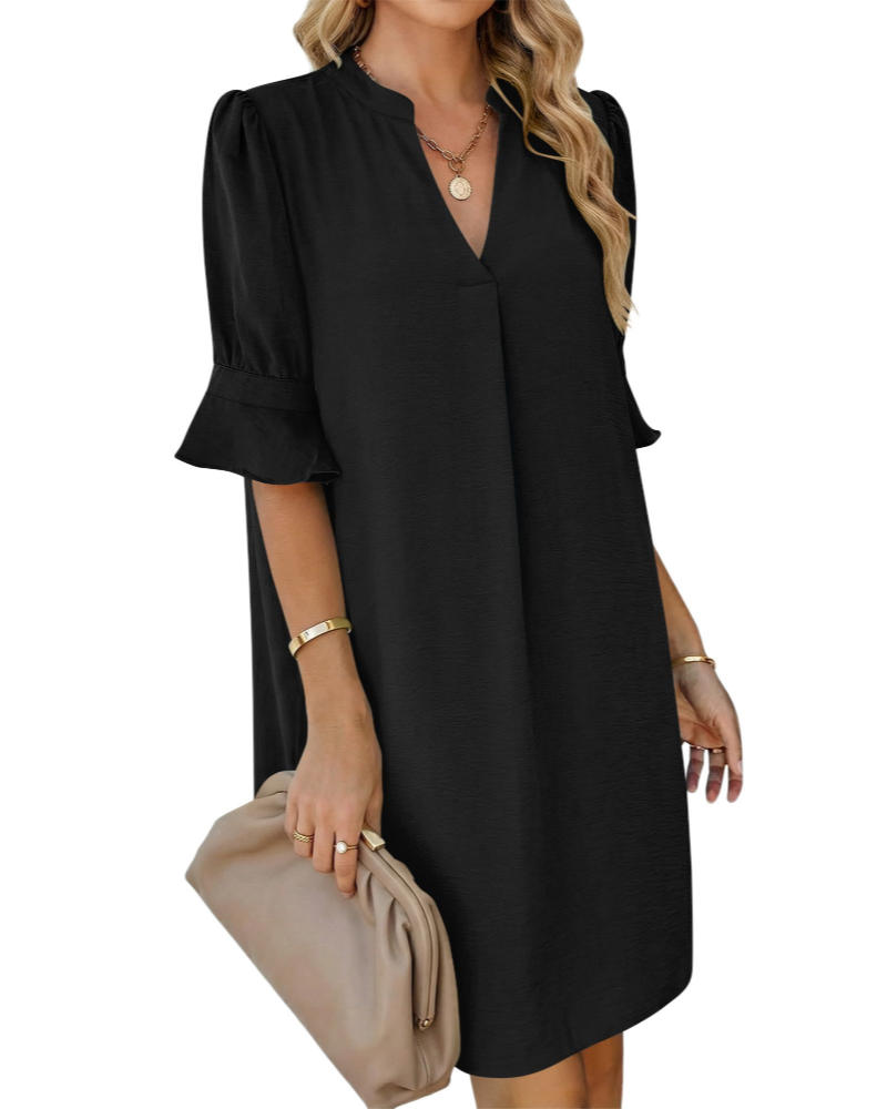 Vestido Ronella para Mulher – Vestido de Verão com Decote em V, Corte Evasé, Bolsos e Mangas com Folhos