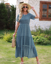 Élise Women's Maxi Dress – Bohemian Floral Smocked Ruffle Summer Elegant Dress
