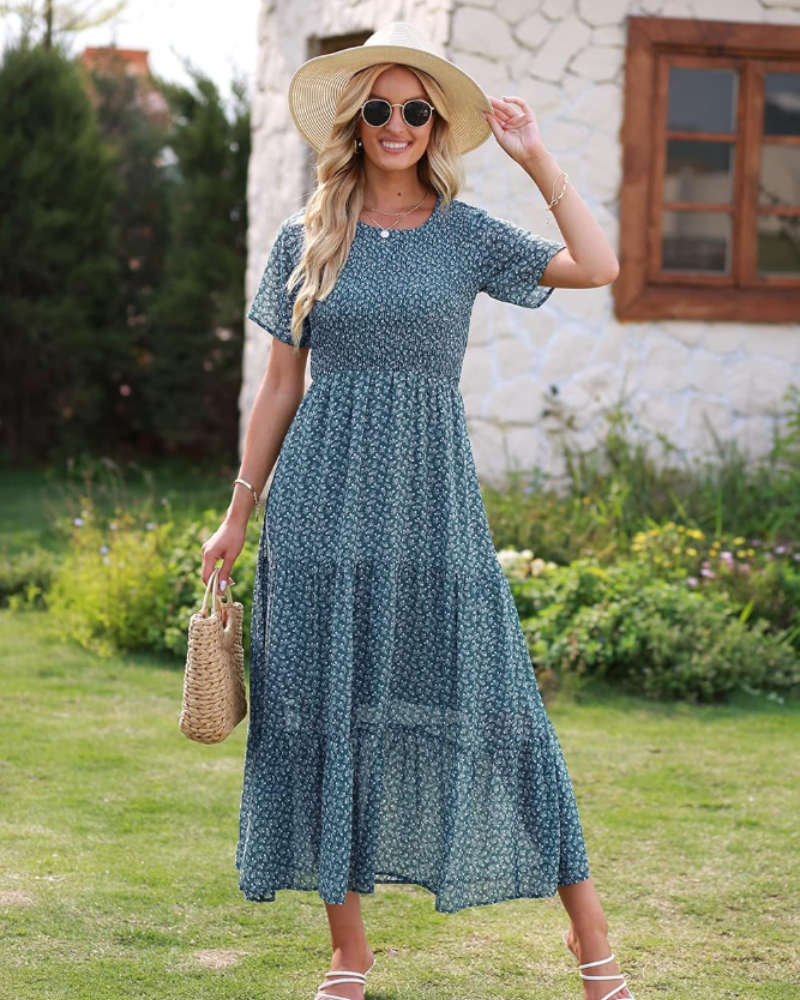 Élise Women's Maxi Dress – Bohemian Floral Smocked Ruffle Summer Elegant Dress
