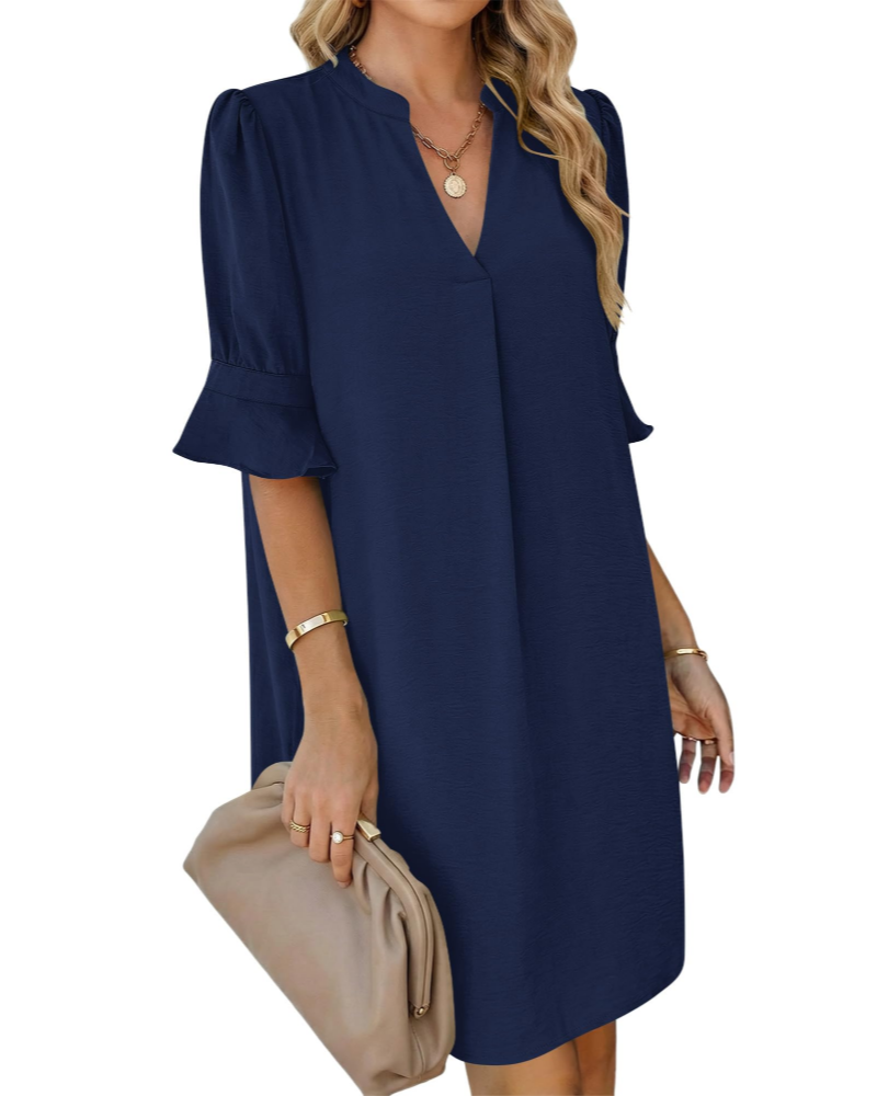 Vestido Ronella para Mulher – Vestido de Verão com Decote em V, Corte Evasé, Bolsos e Mangas com Folhos