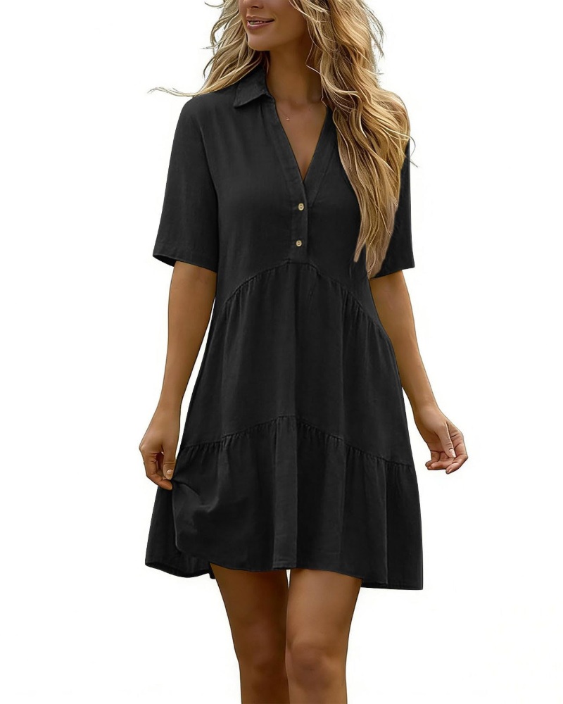 Vestido Harlow para mujer en lino – vestido corto con cuello en V y botones, mangas cortas de verano