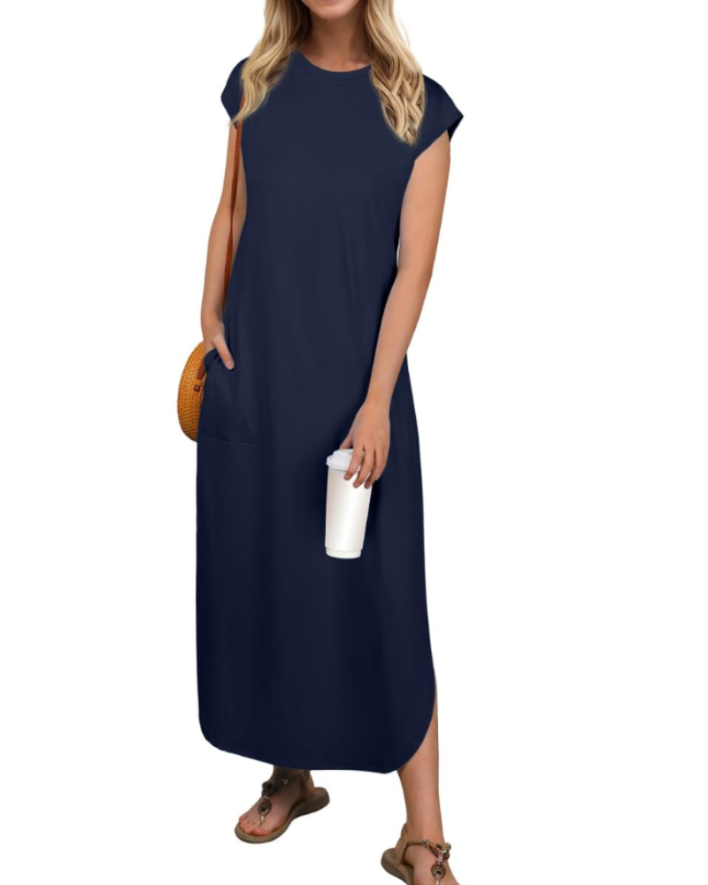 Aubrey Maxikleid für Damen Sommer – Ärmellos, Rundhalsausschnitt & Taschen