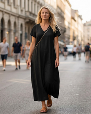 Laura Abito Donna – Abito Lungo in Lino Scollo a V Taglio Fluido Bohemien Confortevole Estate