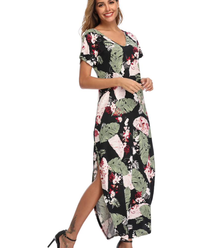 Blair Robe Maxi Femme Été – Florale Col Rond Fente & Poches