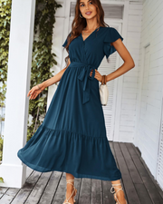 Anita Maxi Dress for Women – Bohemian Floral Dress with V-Neck, Ruffles, Belt, Summer